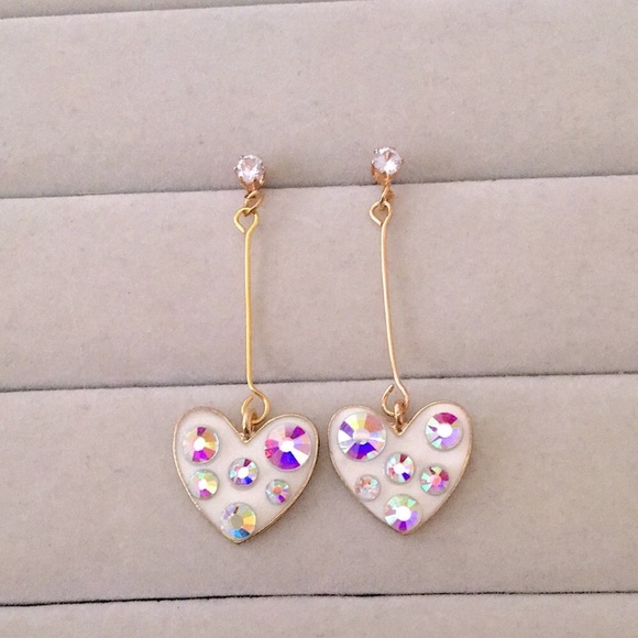 Cubic Zirconia + Aurora Borealis Crystal Gold Heart💗Drop Statement Earrings - Picture 3 of 5
